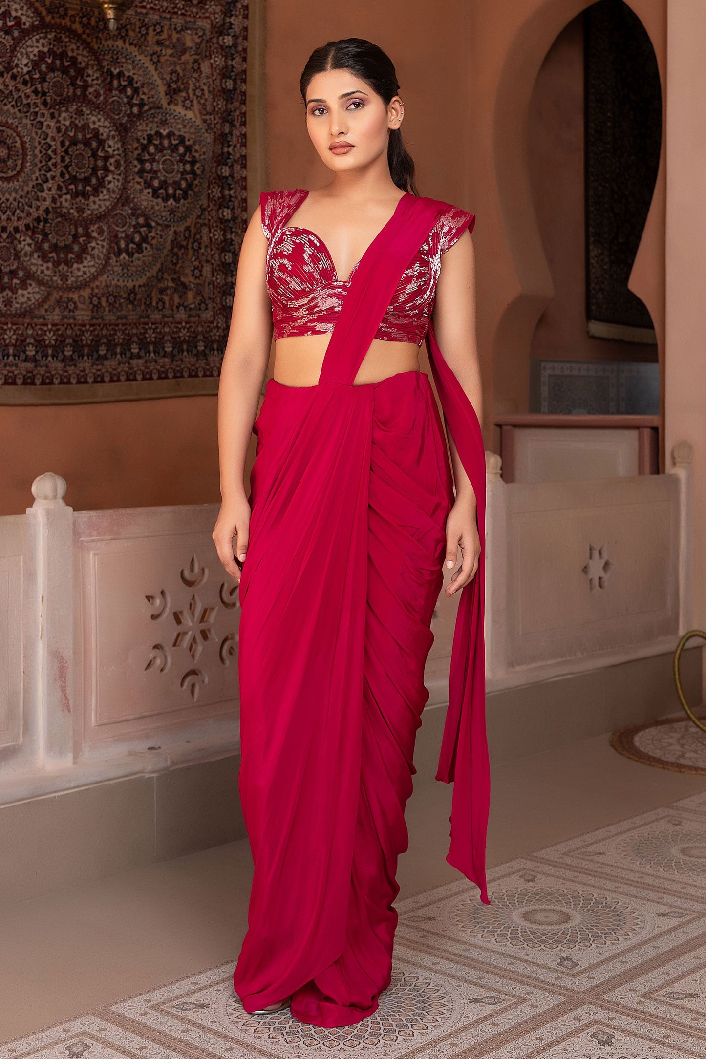 Designer Wine Draped Saree With Structured Wired Blouse
