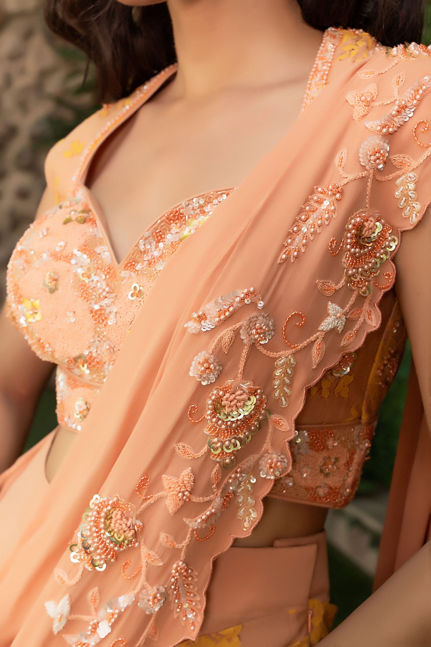 Peach Drape Saree with Yellow Heavy Handwork Blouse and Cutwork Pallu