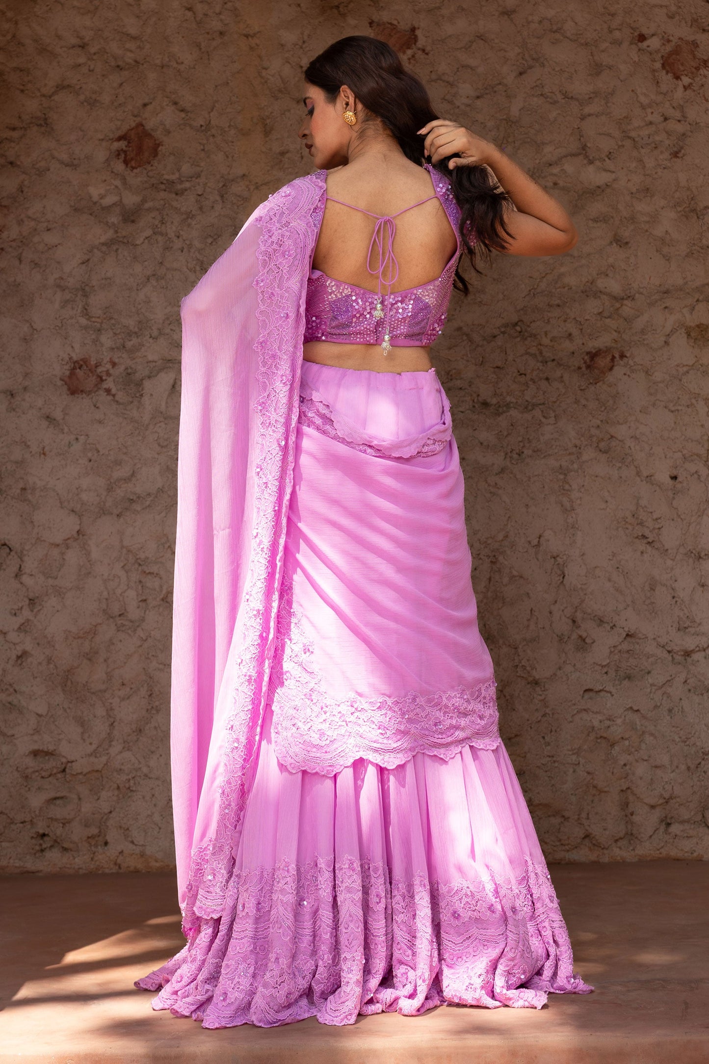 Designer Lilac Draped Saree With Pearl Sequins And Cutdana Work