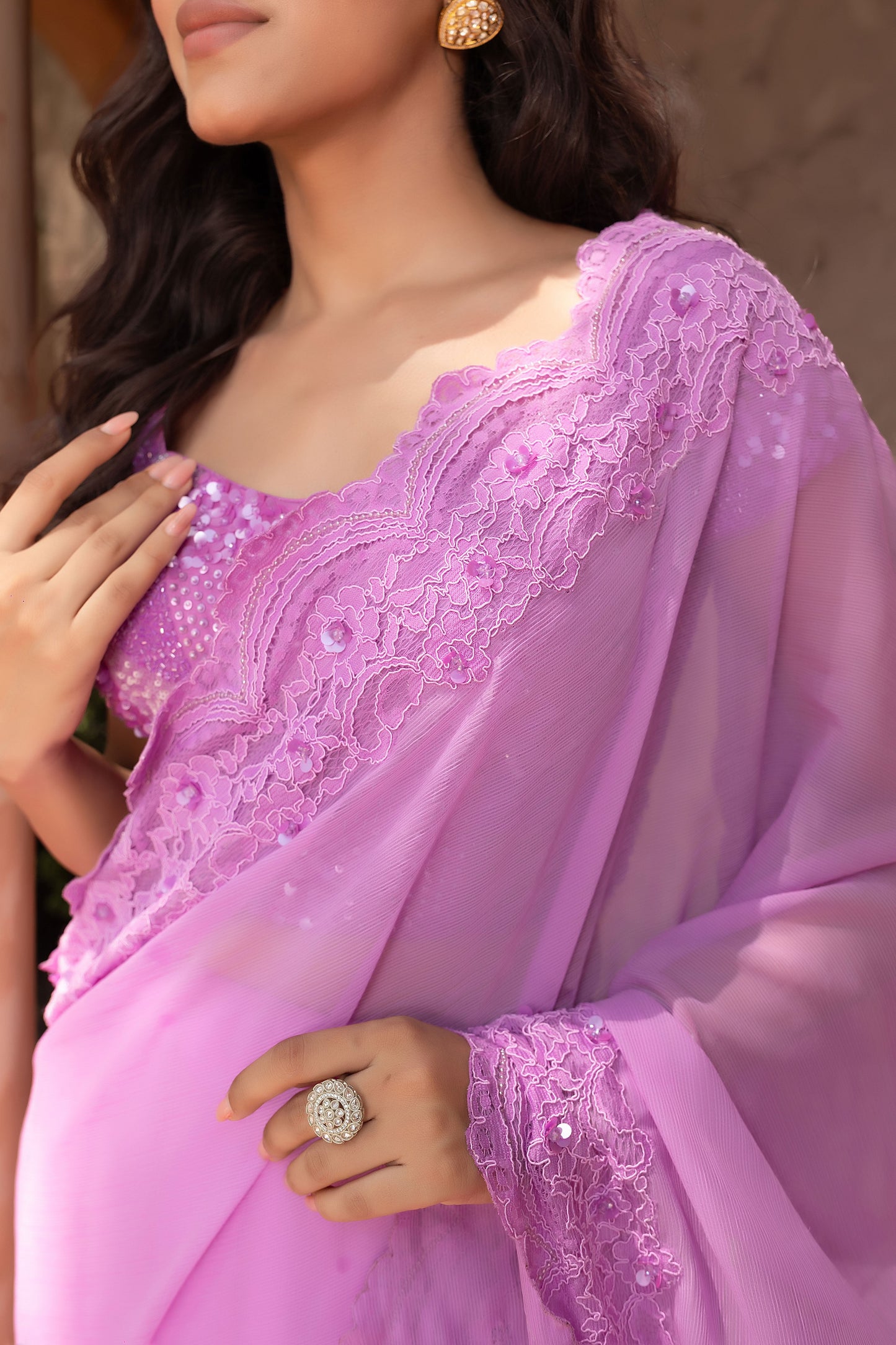 Designer Lilac Draped Saree With Pearl Sequins And Cutdana Work