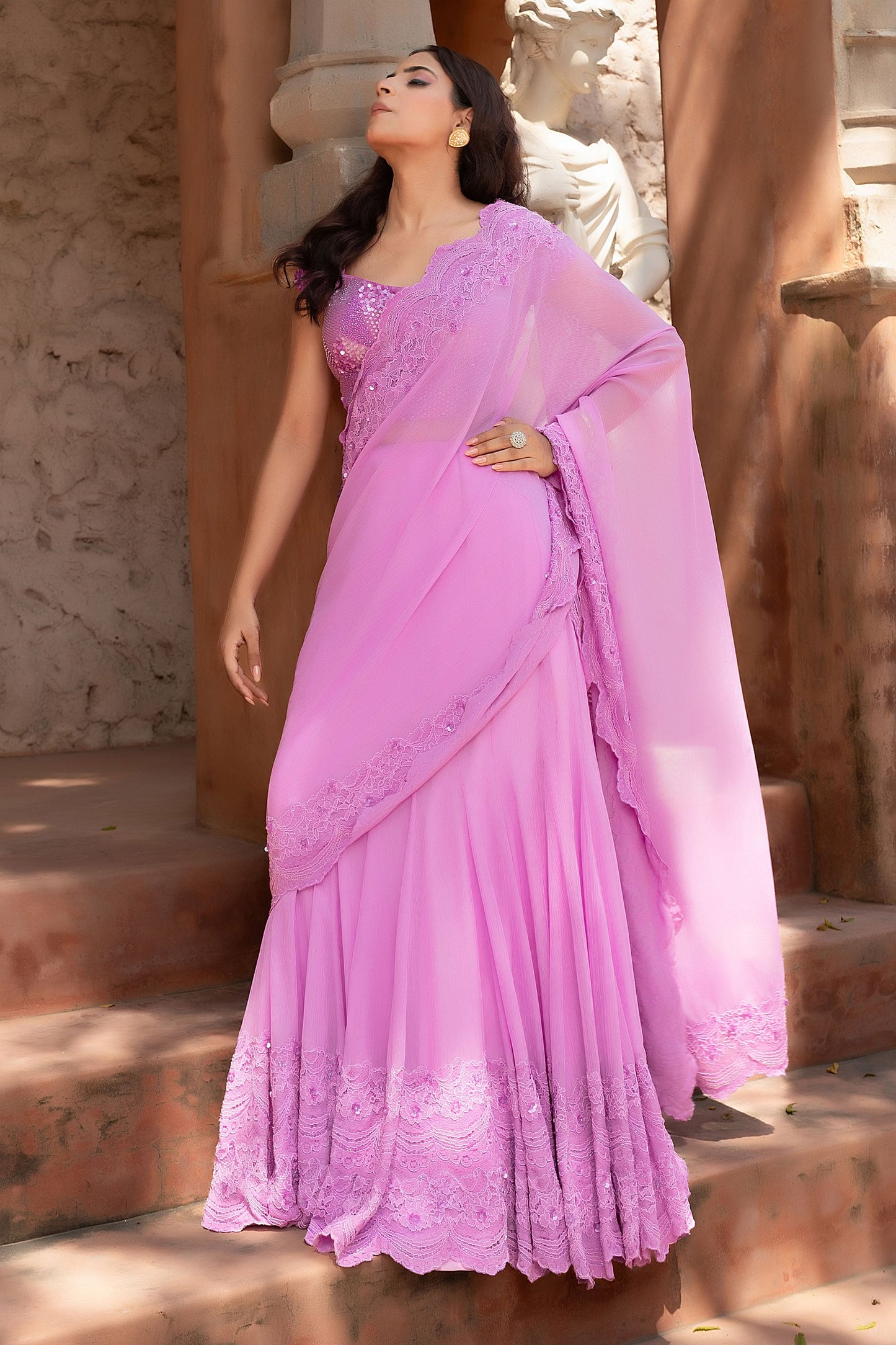 Designer Lilac Draped Saree With Pearl Sequins And Cutdana Work