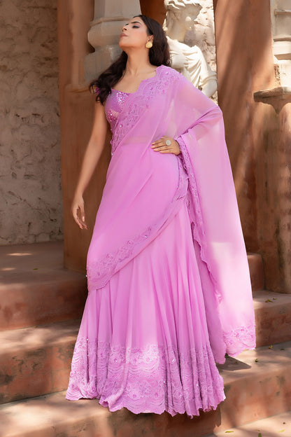 Designer Lilac Draped Saree With Pearl Sequins And Cutdana Work