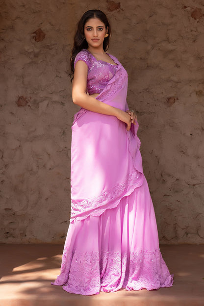 Designer Lilac Draped Saree With Pearl Sequins And Cutdana Work