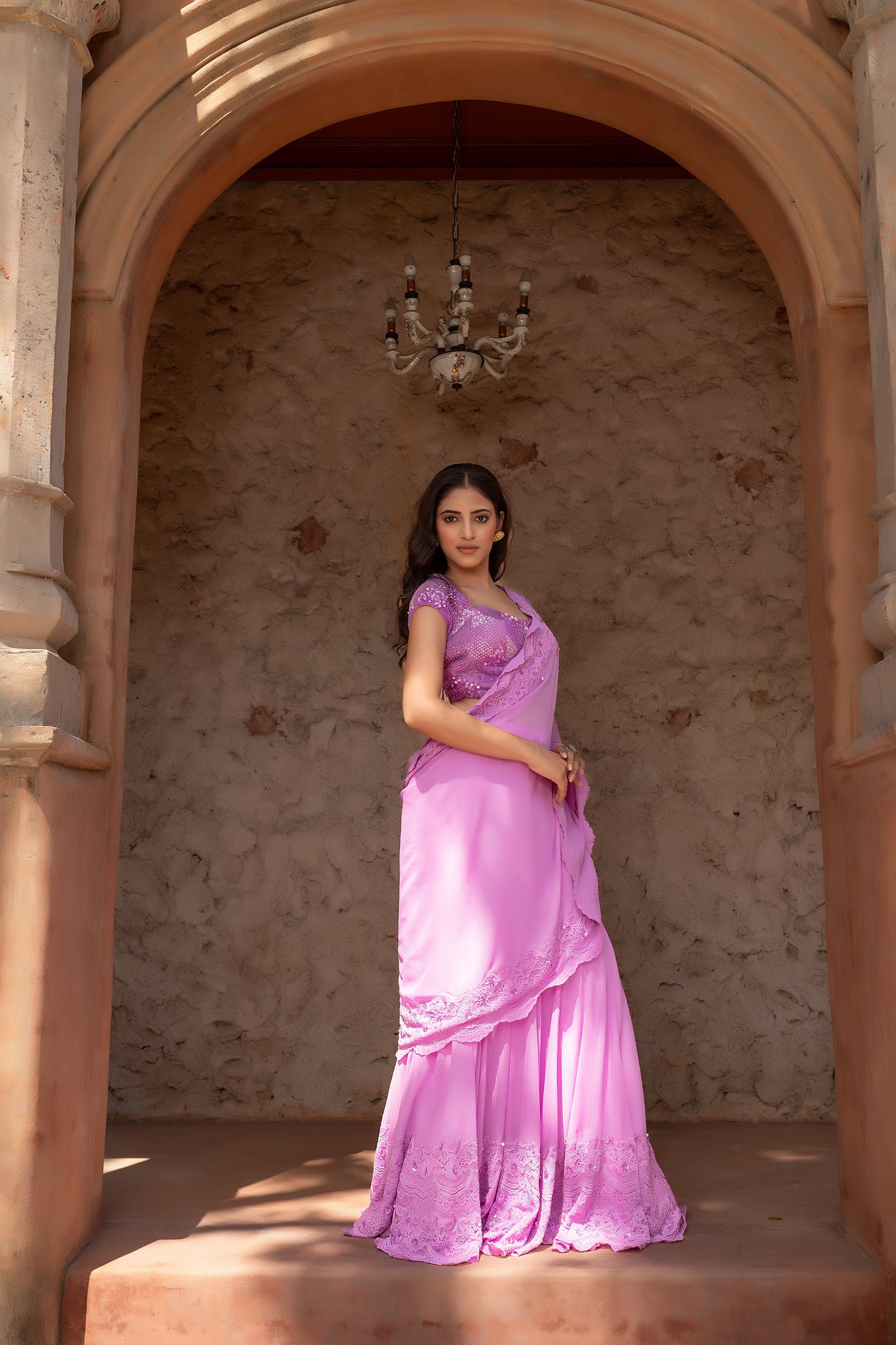 Designer Lilac Draped Saree With Pearl Sequins And Cutdana Work