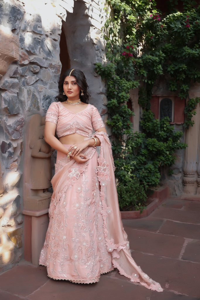 Rose gold lehanga saree & heavy embroidery with attached pallu