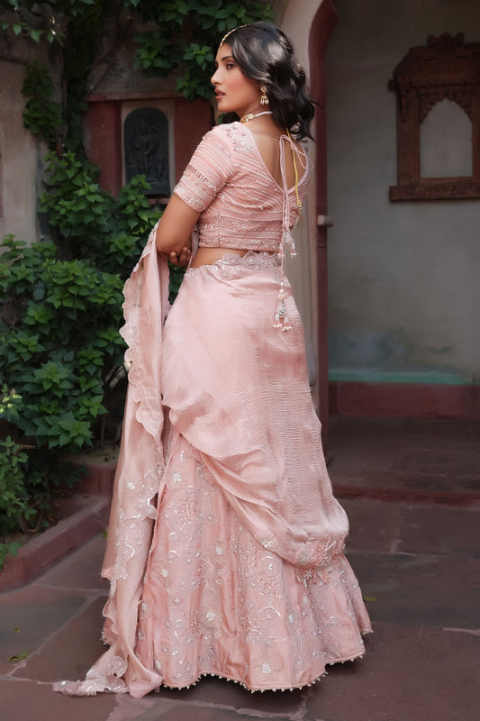 Rose Gold Embroidered Lehenga Saree With Crystal Pearl And Cutdana Work