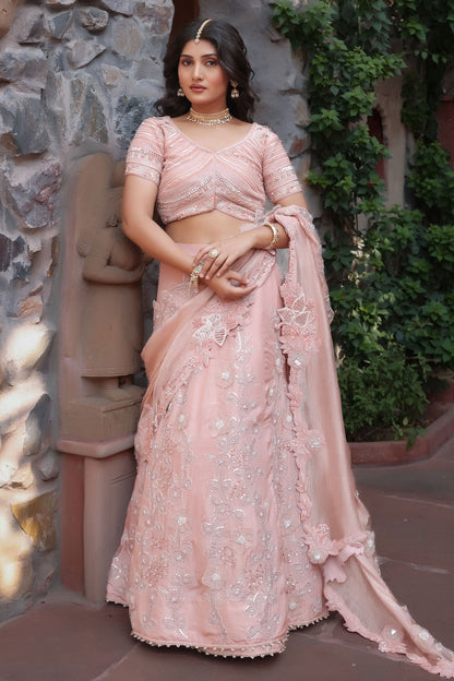 Rose Gold Embroidered Lehenga Saree With Crystal Pearl And Cutdana Work