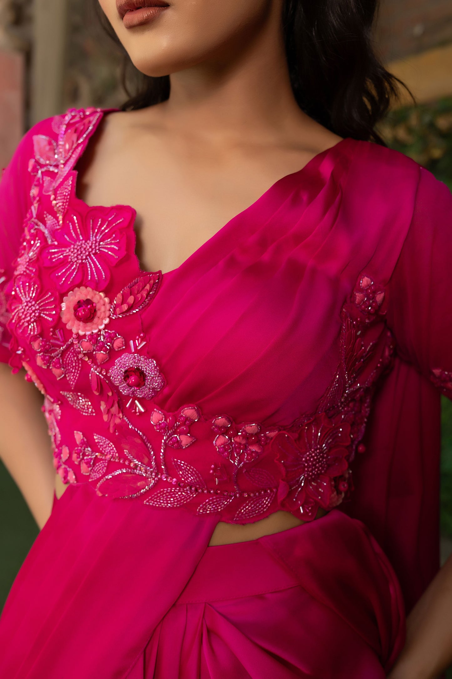 Party Wear Magenta Pink Saree With Sequins Work And Cutdana Floral Handwork