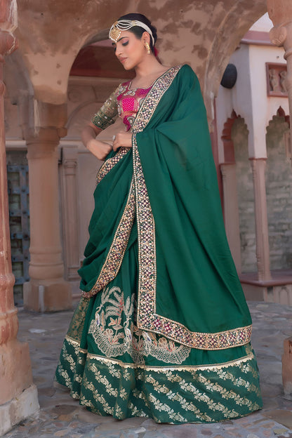Green Silk Lehenga Saree With Gold Embroidery And Heavy Border Work