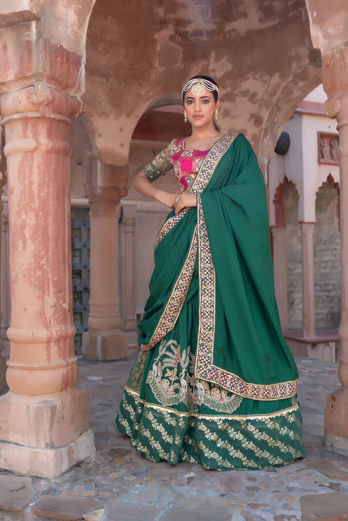Dark Green Lehenga saree with Magenta Blouse highlighted with Embroidery