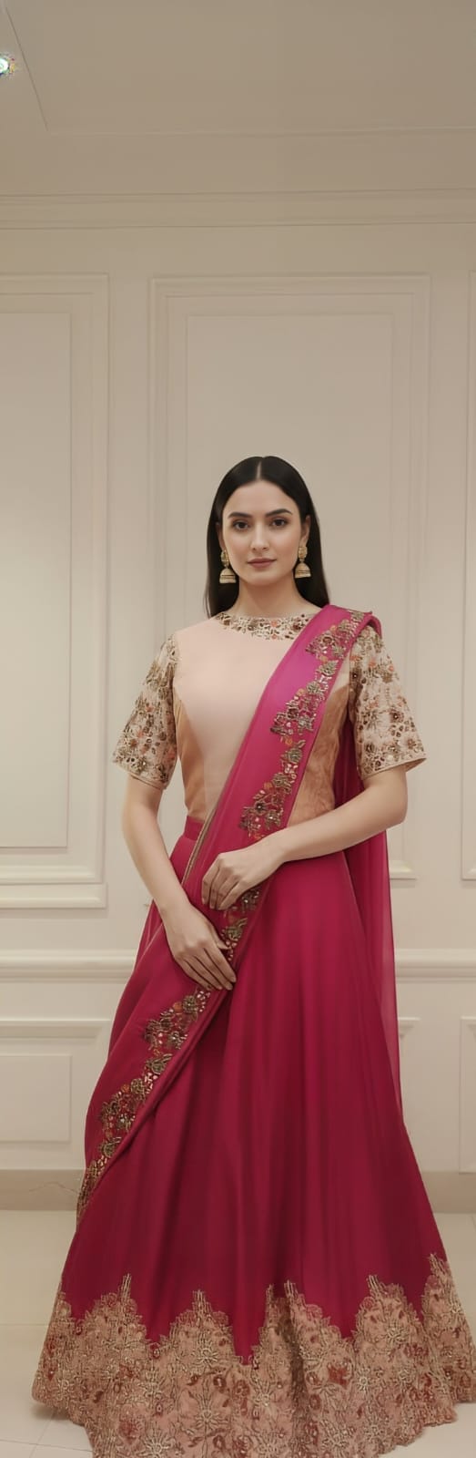 Magenta And Baby Pink Silk Lehenga Saree With Moti Sequin Dabka And Cutdana Work