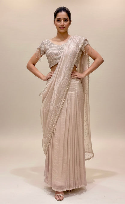 Festive Wear Rose Gold Saree With Sequins Pearl And Cutdana Accents