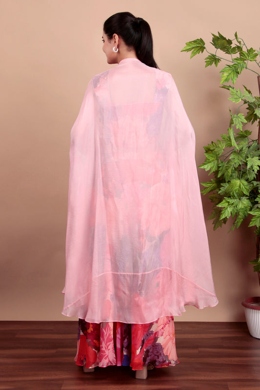 Statement Multicolor Floral Indo-Western Coord Set with Corset And Cape Overlay