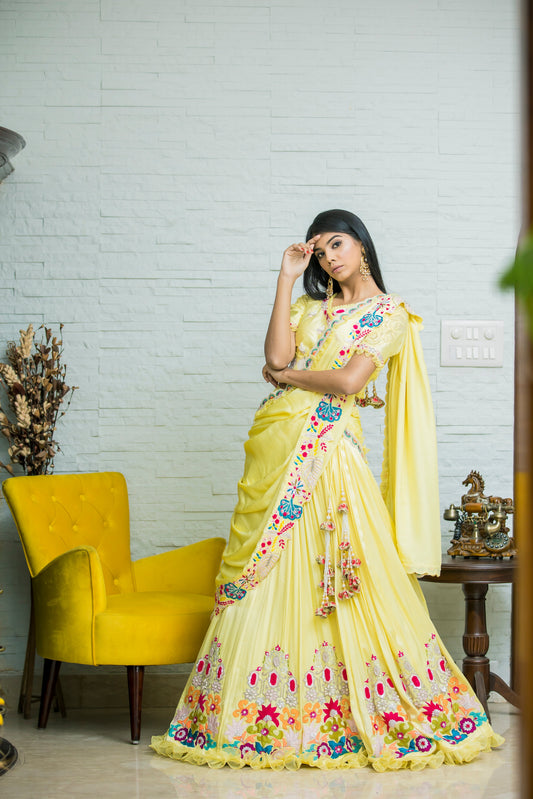 Elegant Lemon Yellow Pleated Lehenga with Heavy Embroidery Ensemble
