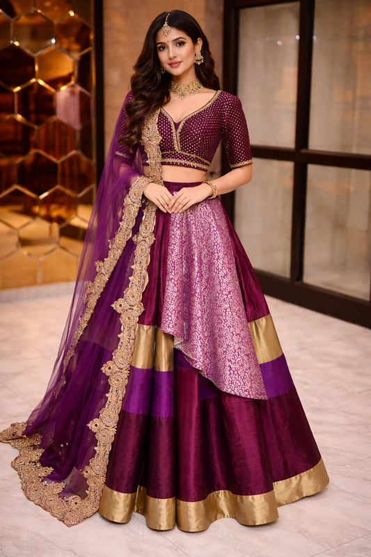 Maroon And Purple Lehenga Choli With Rich Zari Dabka Cutdana And Sequin Work