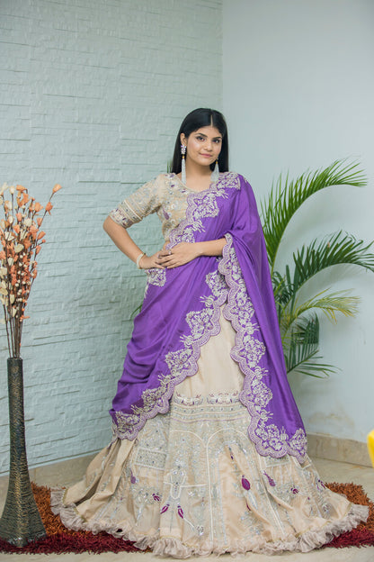 Beige Lehenga with Heavy Embroidered Blouse and Purple Dupatta