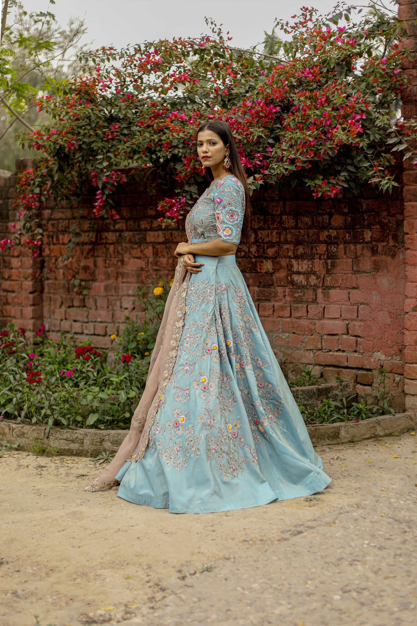 Luxury Pastel Blue Lehenga Set With Delicate Floral Embroidery Blouse And Soft Dupatta