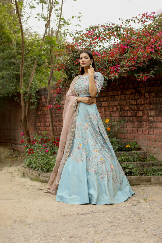 Luxury Pastel Blue Lehenga Set With Delicate Floral Embroidery Blouse And Soft Dupatta