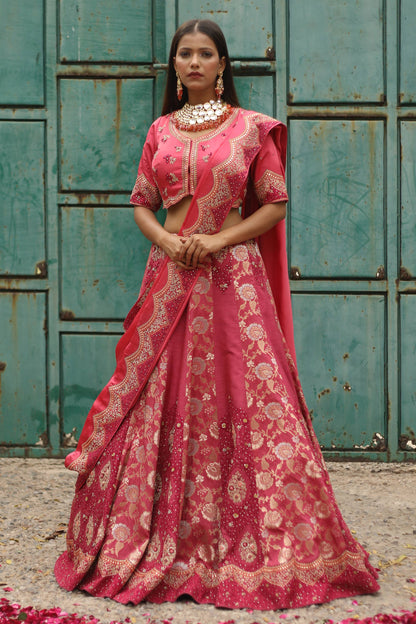 Gajri Banarasi Lehenga Set with Heavy Blouse and Dupatta