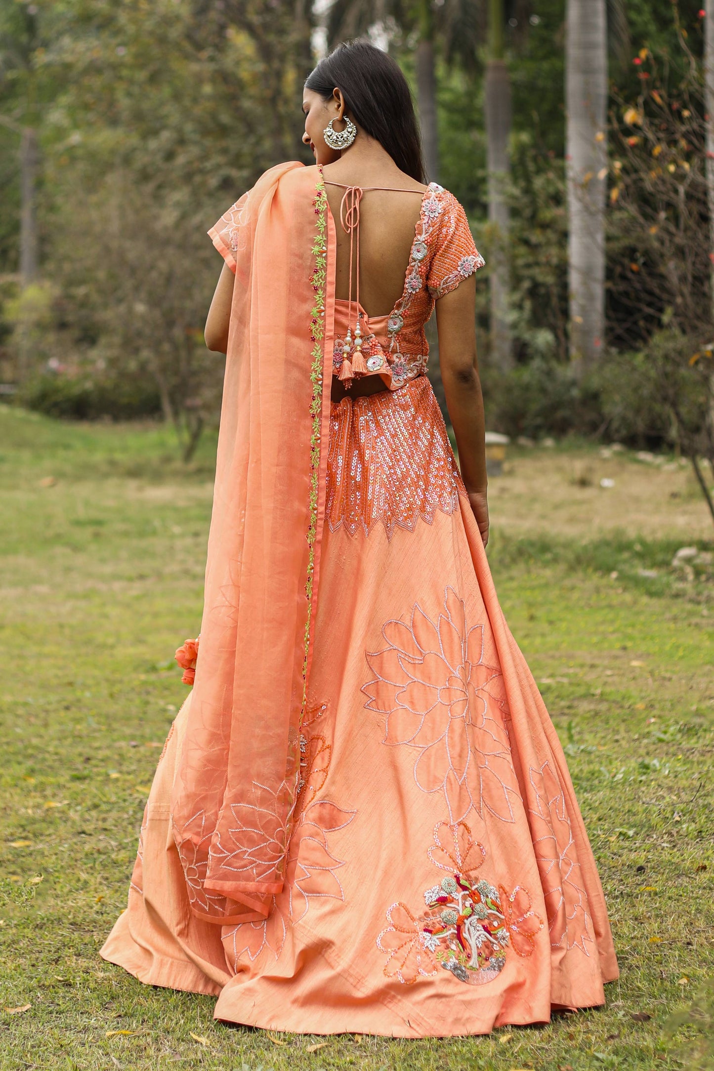 Peachy Orange Lehenga with Heavy Embroidered Blouse and Dupatta