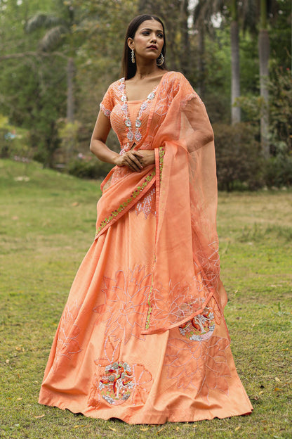 Peachy Orange Lehenga with Heavy Embroidered Blouse and Dupatta