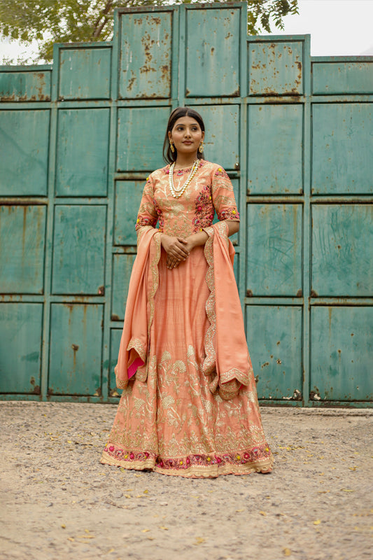 Brick Statement Corset Lehenga Choli Set with Dupatta