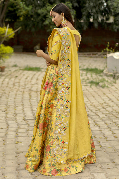 Floral Brocade Lehenga Set with Matching Blouse and Dupatta