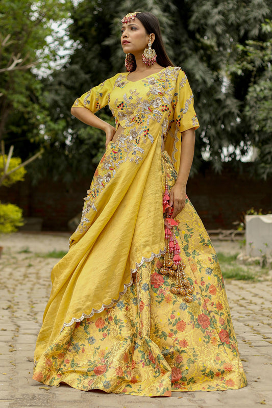 Floral Brocade Lehenga Set with Matching Blouse and Dupatta