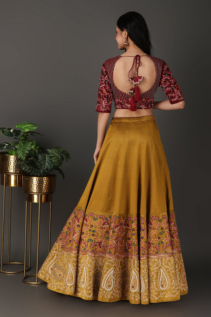 Golden Green Luxury Lehenga Choli with Elegant Maroon Blouse