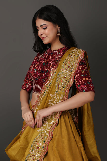 Golden Green Luxury Lehenga Choli with Elegant Maroon Blouse