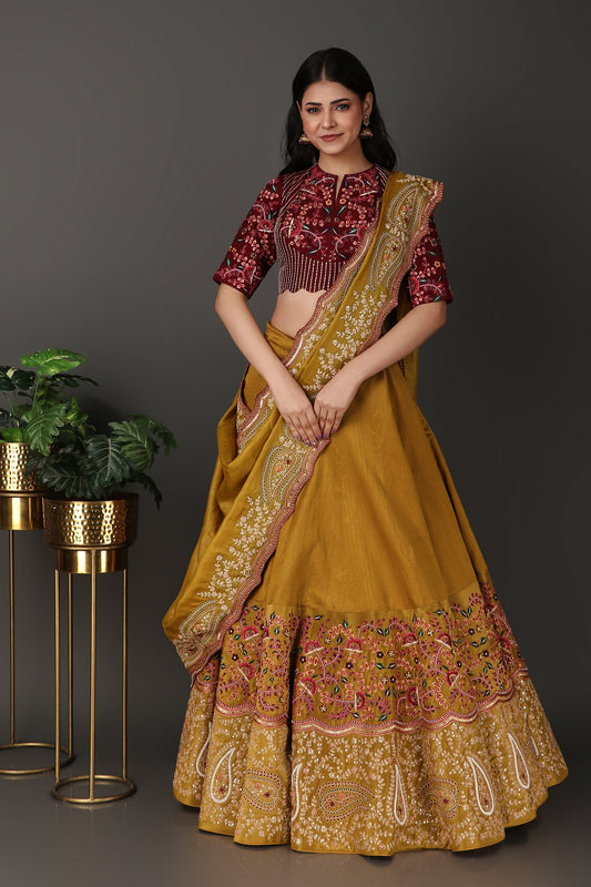 Golden Green Luxury Lehenga Choli with Elegant Maroon Blouse