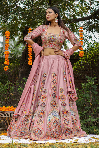 Luxury Onion Pink Lehenga Ensemble with Heavy Embroidery on Blouse and Dupatta