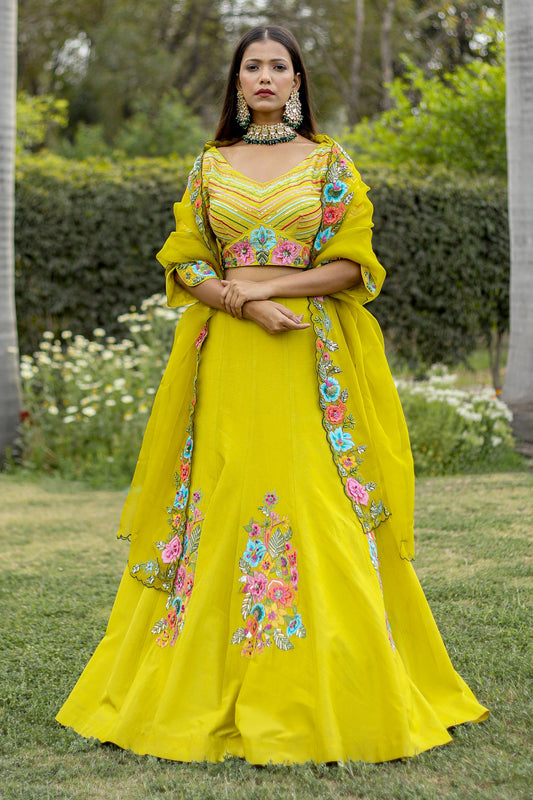 Parrot Green Lehenga Set With Heavy Embroidered Blouse And Matching Dupatta