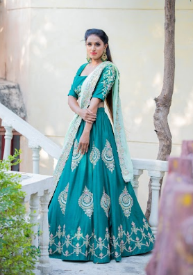 Bottle Green Lehenga with Heavy Embroidered Blouse and Parrot Green Dupatta