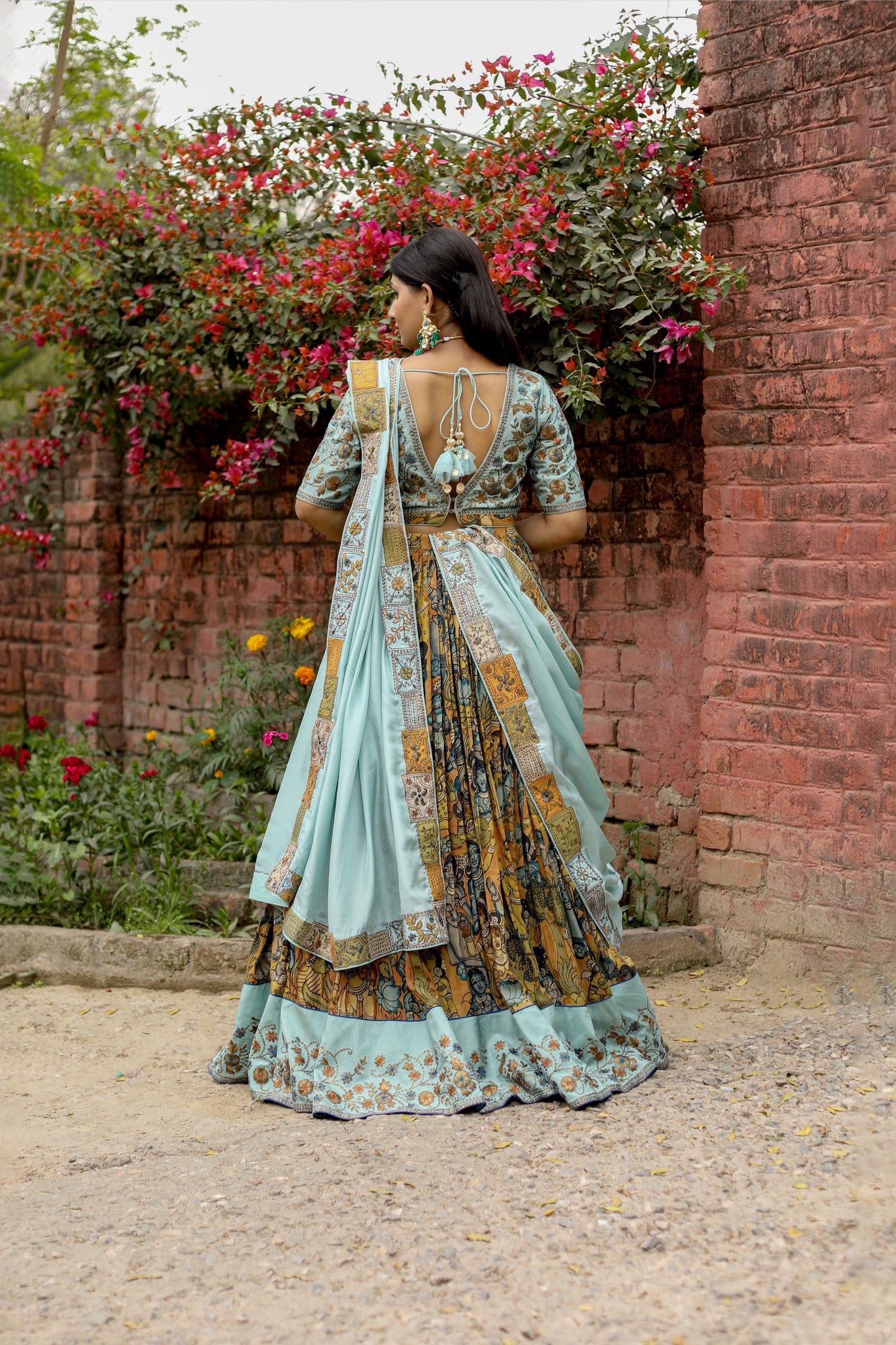 Festive Kalamkari Lehenga Ensemble with Matching Blouse and Soft Silk Dupatta