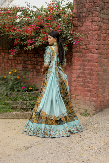 Festive Kalamkari Lehenga Ensemble with Matching Blouse and Soft Silk Dupatta