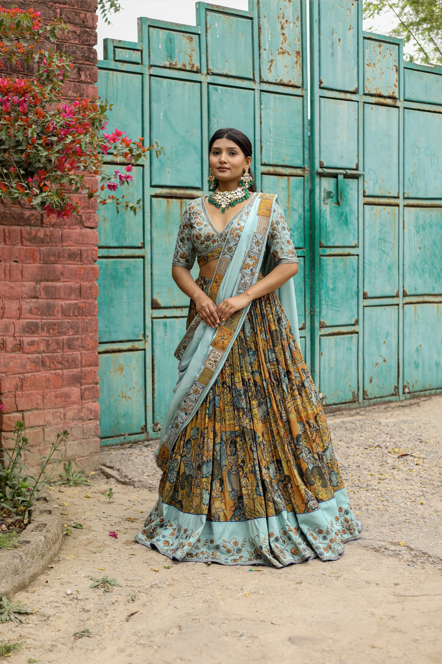 Festive Kalamkari Lehenga Ensemble with Matching Blouse and Soft Silk Dupatta