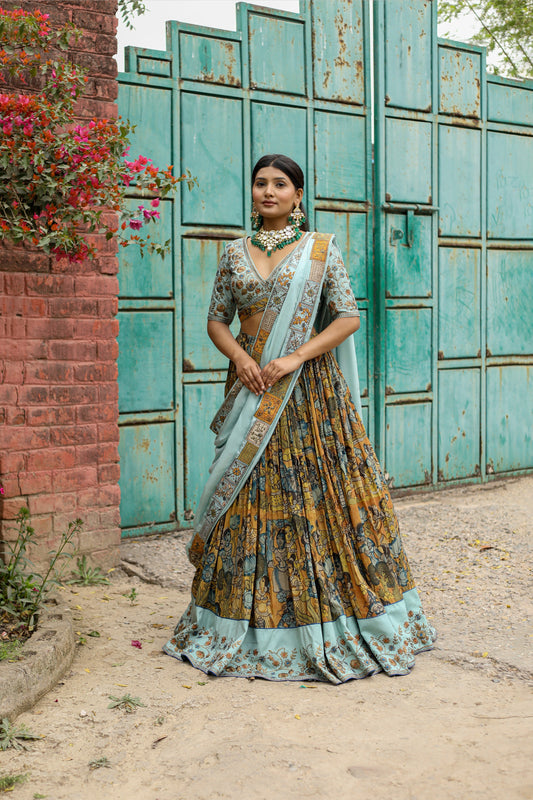 Festive Kalamkari Lehenga Ensemble with Matching Blouse and Soft Silk Dupatta