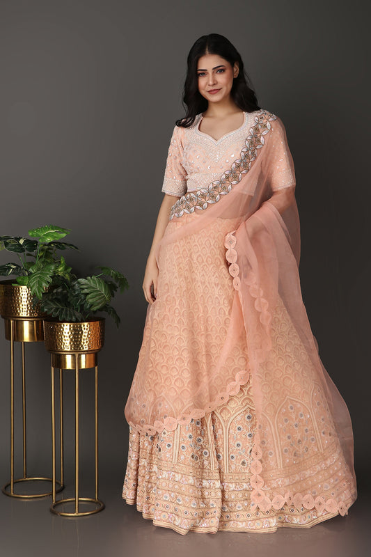 Peach Chikankari Lakhnavi Lehenga with Matching Dupatta