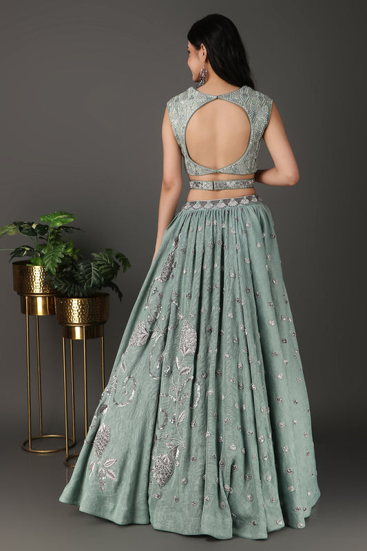 Sea Green Luxury Wrinkle Lehenga Set Featuring Heavy Hand Embroidery