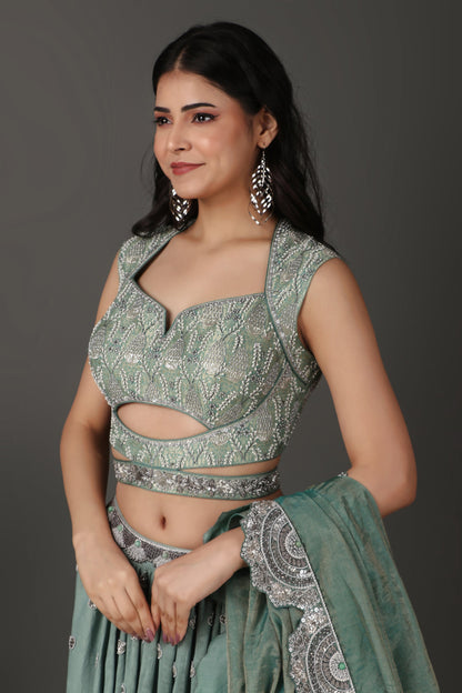 Sea Green Luxury Wrinkle Lehenga Set Featuring Heavy Hand Embroidery