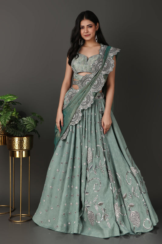 Sea Green Luxury Wrinkle Lehenga Set Featuring Heavy Hand Embroidery