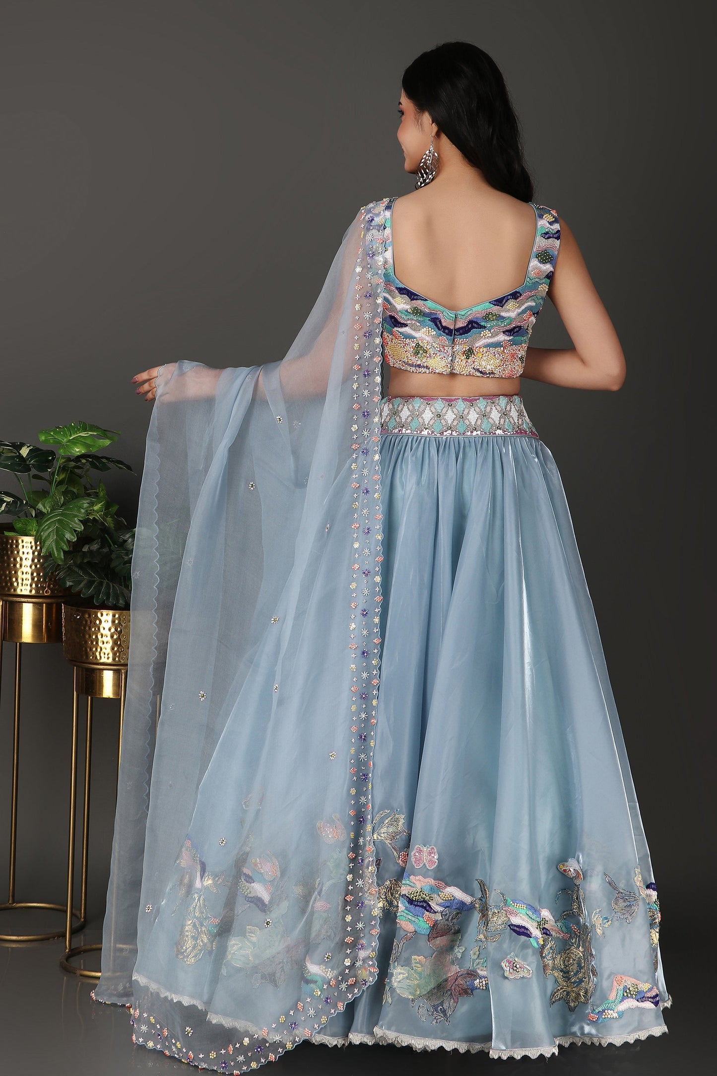 Ice Blue Embroidered Lehenga Choli with Heavy Blouse Detailing