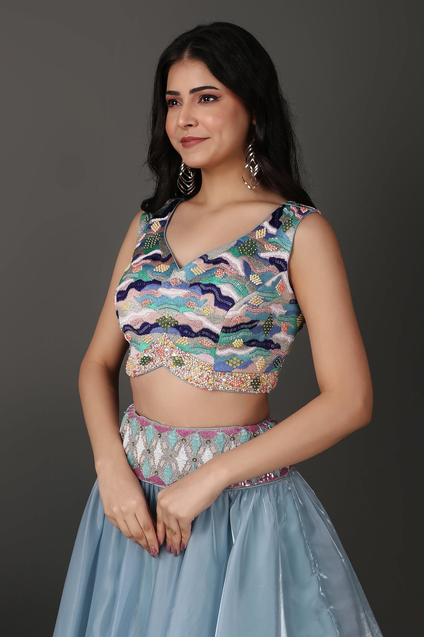 Ice Blue Embroidered Lehenga Choli with Heavy Blouse Detailing