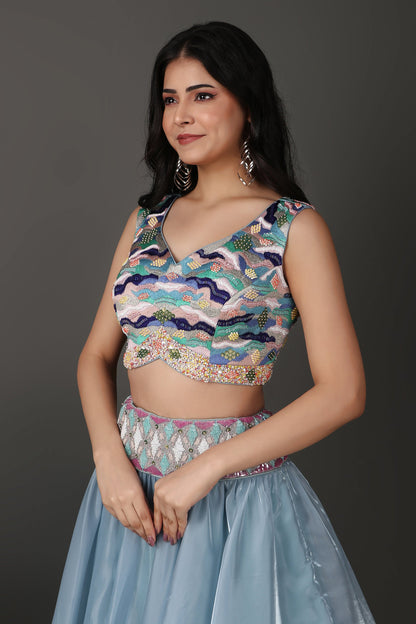 Ice Blue Embroidered Lehenga Choli with Heavy Blouse Detailing