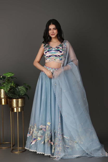 Ice Blue Embroidered Lehenga Choli with Heavy Blouse Detailing