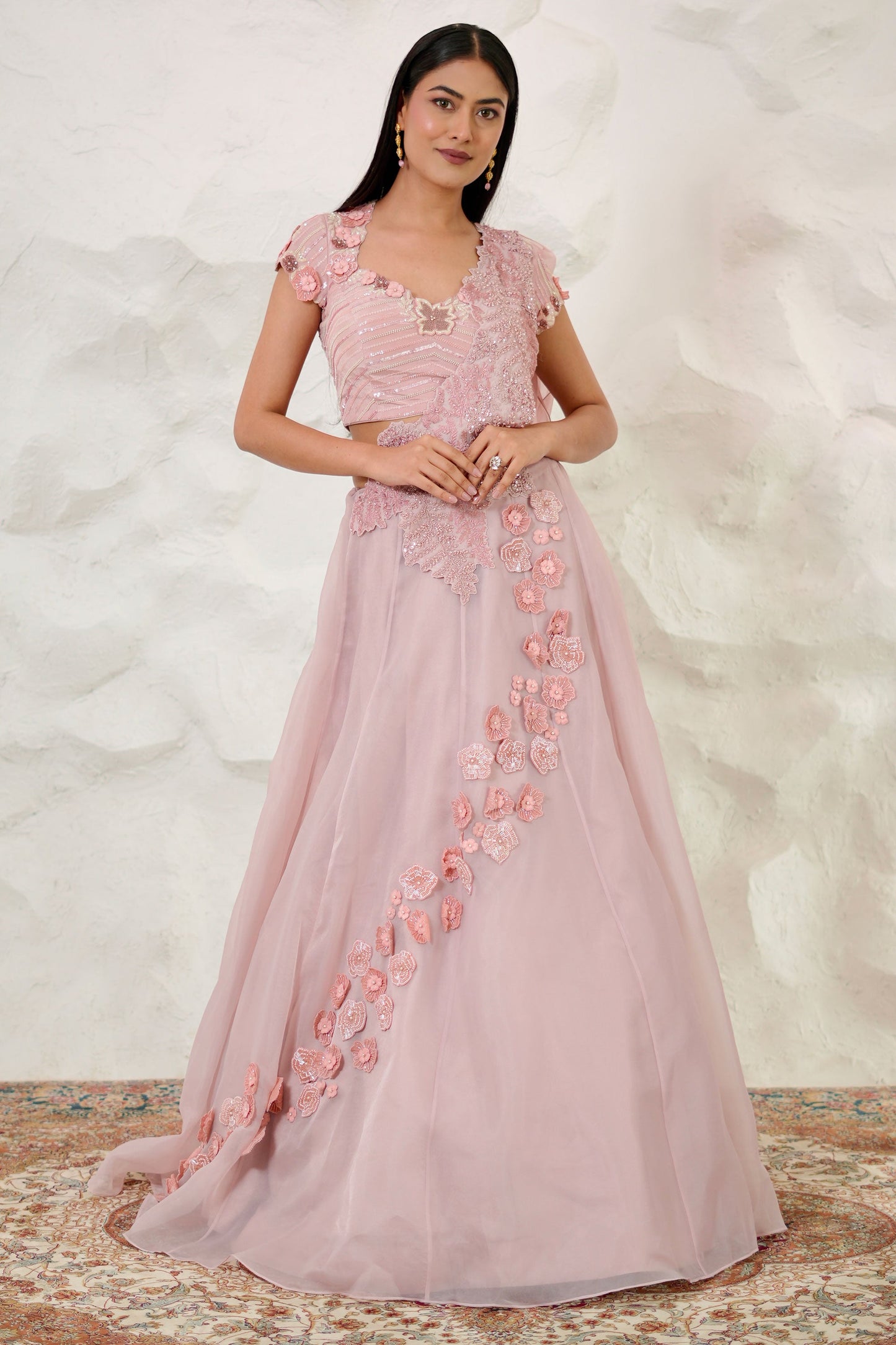 Designer Onion Pink Lehenga Set in Organza with Crepe Blouse and Embellished Frill Pallu