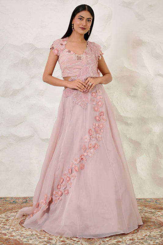 Designer Onion Pink Lehenga Set in Organza with Crepe Blouse and Embellished Frill Pallu