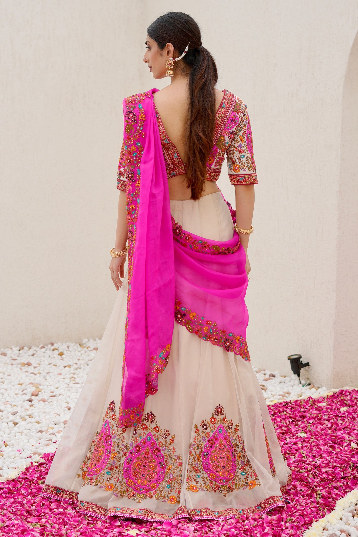 Off White Bridal Lehenga With Pink Embroidery Embellished Pink Blouse And Vibrant Pink Dupatta