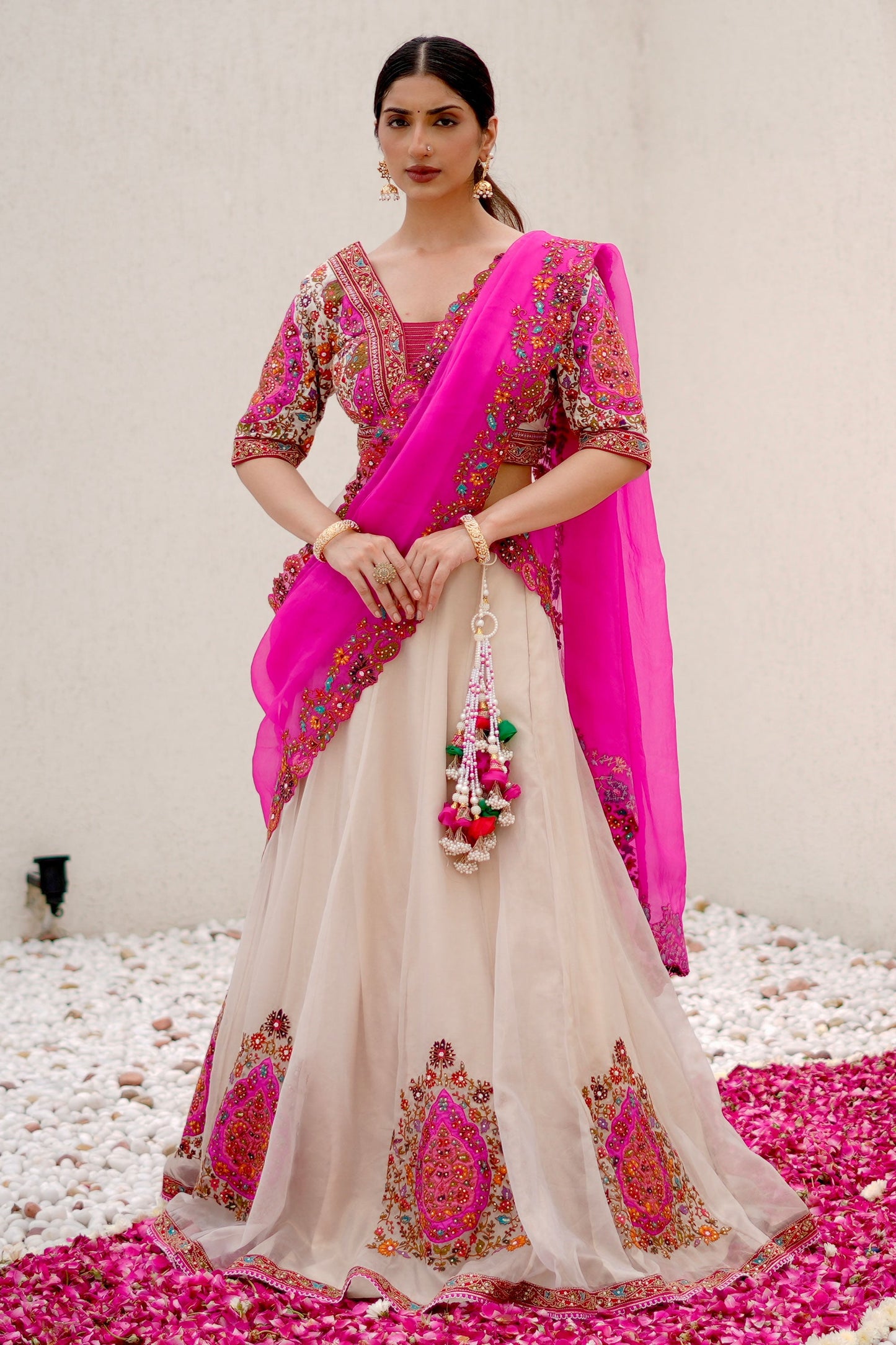 Off White Bridal Lehenga With Pink Embroidery Embellished Pink Blouse And Vibrant Pink Dupatta